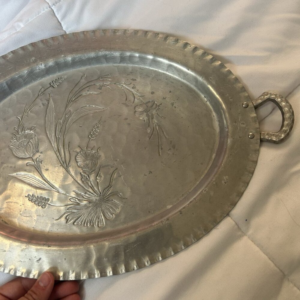 Everlast Metal Hand Forged Aluminum Oval Tray Serving Platter Handles Flowers - Picture 4 of 6